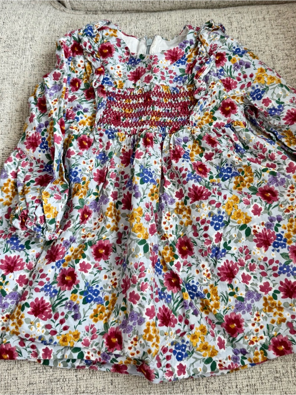 Mayoral Floral Long-Sleeve Dress in White with Pink, Yellow & Blue Flowers
